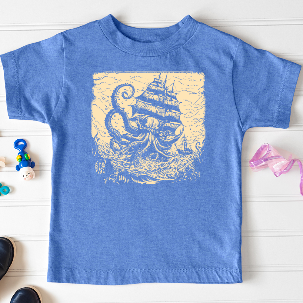 Viking Goods Kraken at Sea Toddler Tee Heather Columbia Blue / 2T