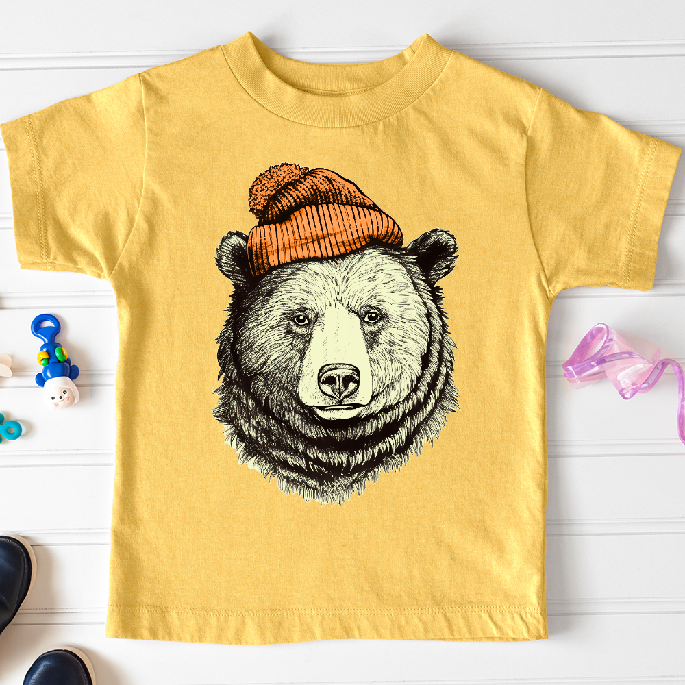 Viking Goods Bear Wearing Hunters Beanie Toddler Tee Heather Yellow Gold / 2T