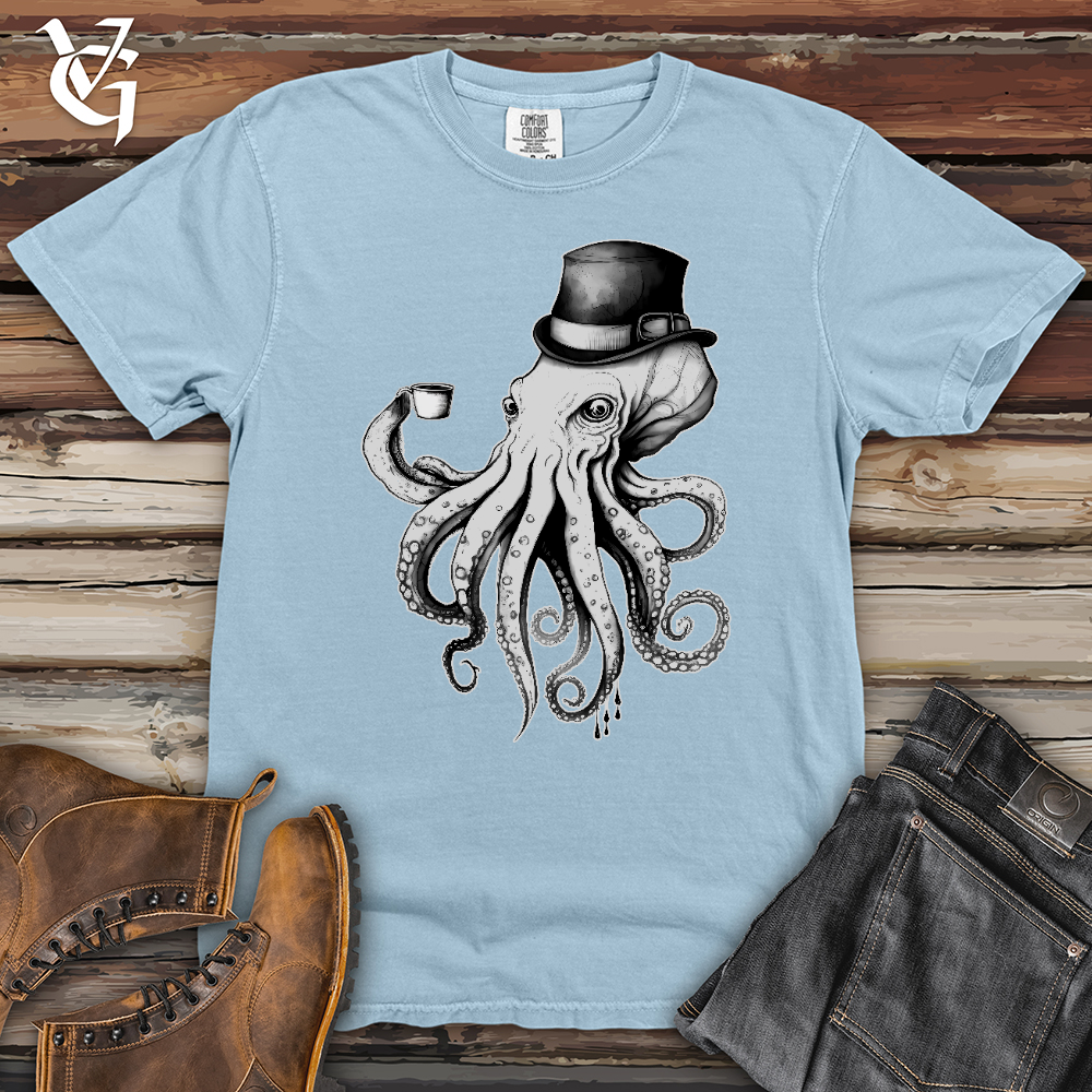 Viking Goods Octopus Wearing Hat Drinking Coffee Heavy Cotton Comfort Colors Tee Hydrangea / L