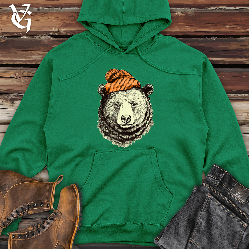 Viking Goods Bear Wearing Hunters Beanie Midweight Hooded Sweatshirt Kelly Green / L