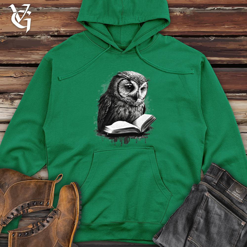 Viking Goods Owl Reading Book Midweight Hooded Sweatshirt Kelly Green / L