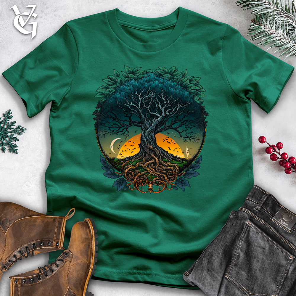 Viking Goods Sunset Yggdrasil Tree Cotton Tee Kelly / L