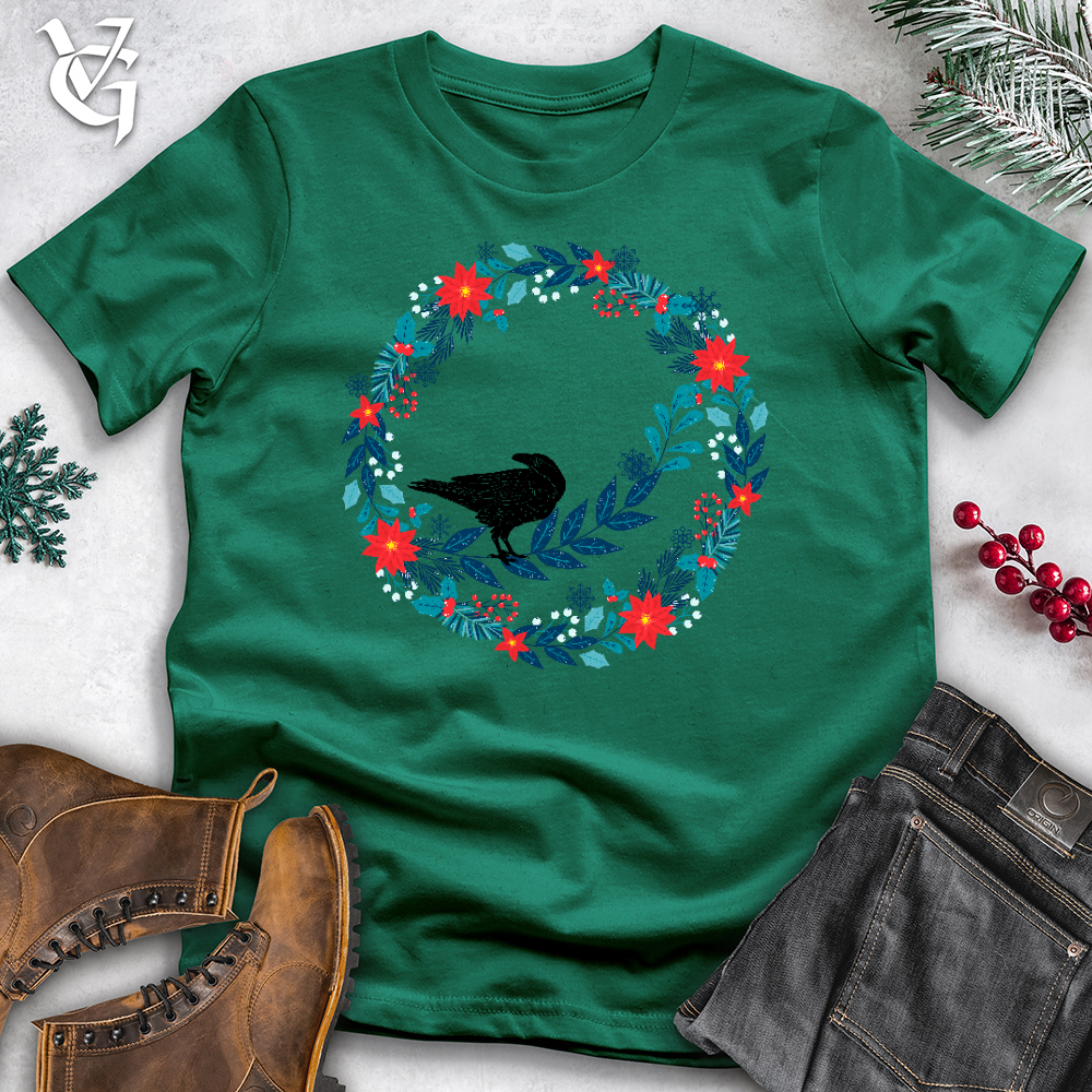 Viking Goods Winter Floral Raven Wreath Cotton Tee Kelly / L