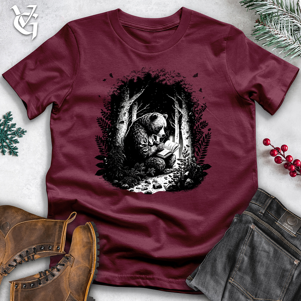 Viking Goods Bear Reading Book in Forest Cotton Tee Maroon / L