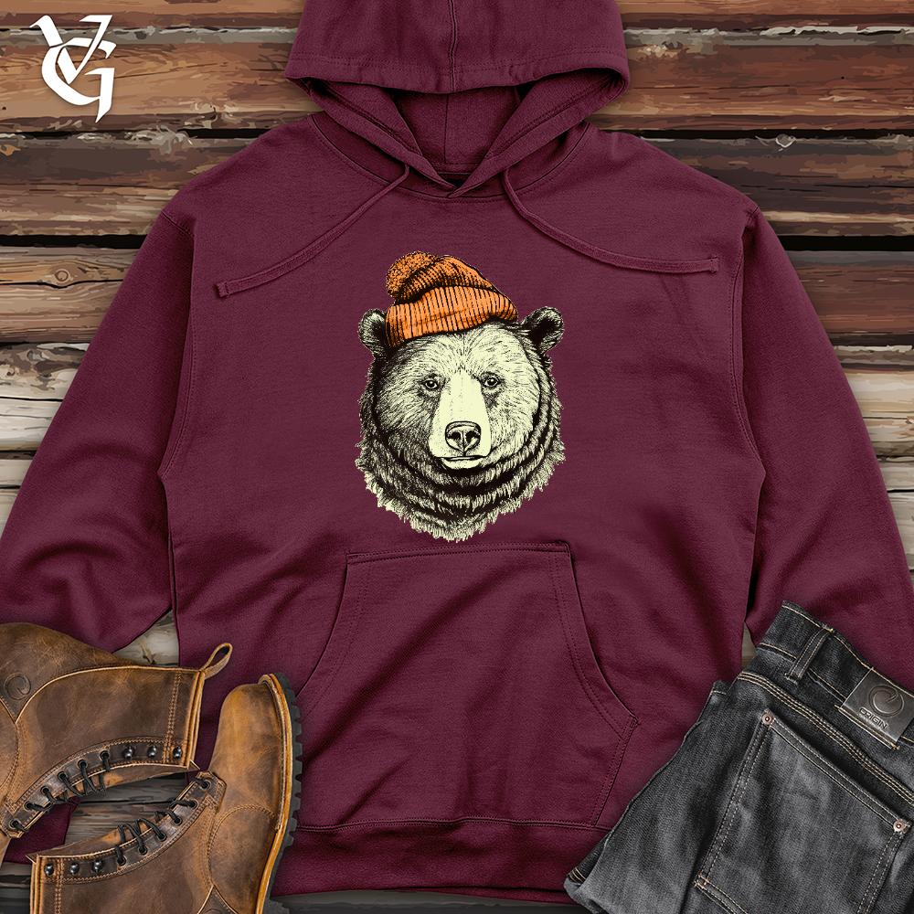 Viking Goods Bear Wearing Hunters Beanie Midweight Hooded Sweatshirt Maroon / L