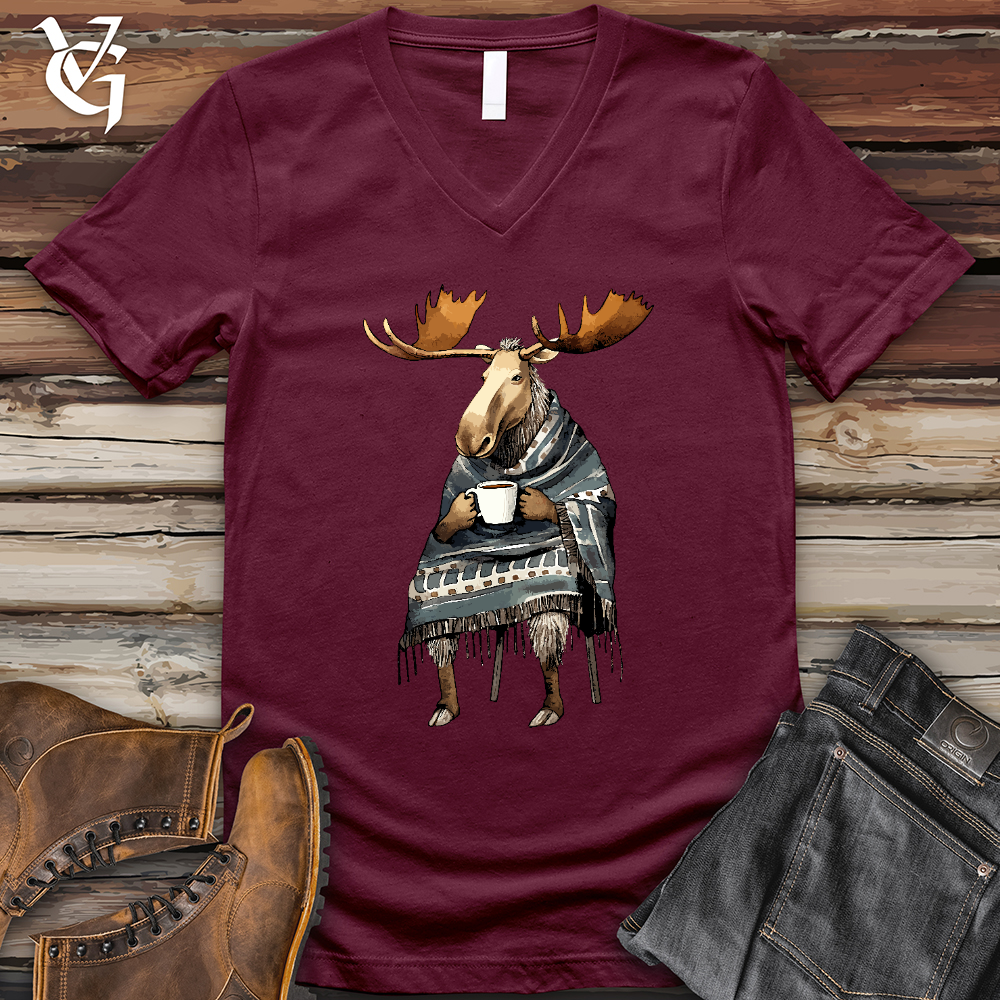 Viking Goods Coffee Drinking Moose V-Neck Tee Maroon / L