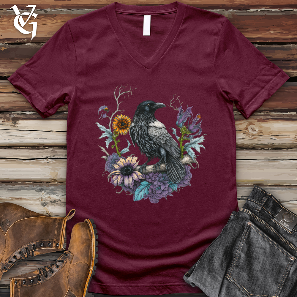 Viking Goods Flower Wreath Raven V- Neck Tee Maroon / L