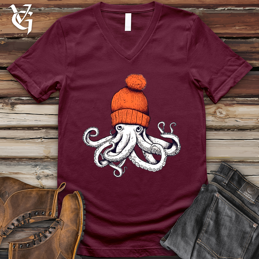 Viking Goods Octopus Orange Beanie V-Neck Tee Maroon / L