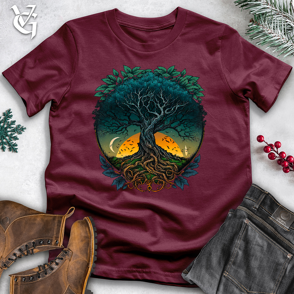 Viking Goods Sunset Yggdrasil Tree Cotton Tee Maroon / L