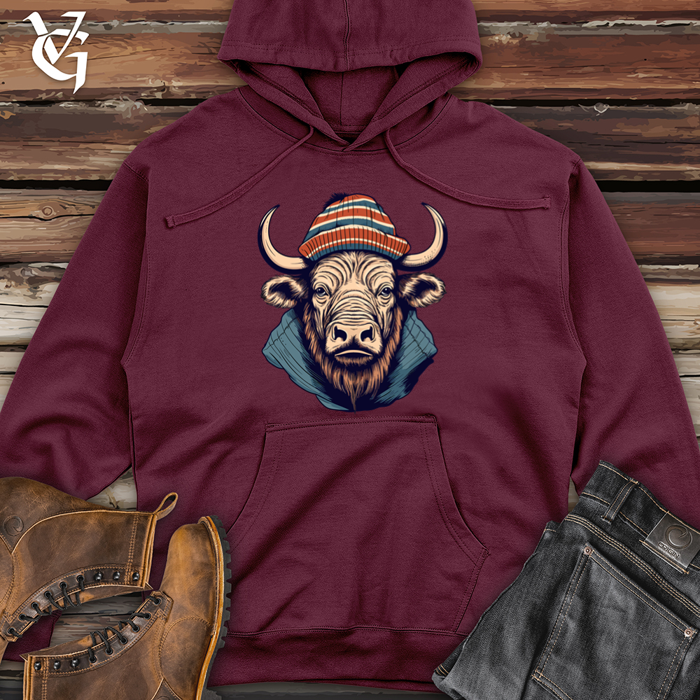 Viking Goods Vintage Buffalo Wearing Beanie Midweight Hooded Sweatshirt Maroon / L