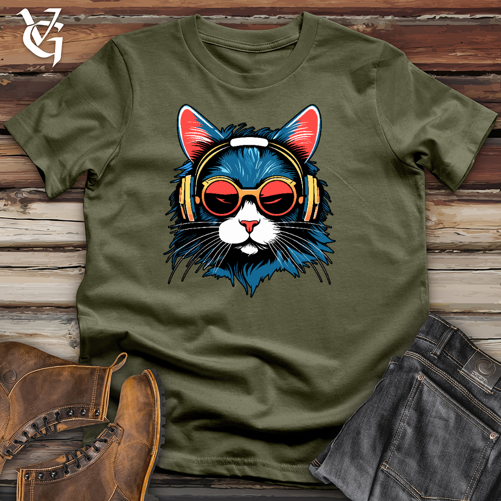 Viking Goods A Cat Wearing Sunglasses and Headphone Cotton Tee Military Green / L
