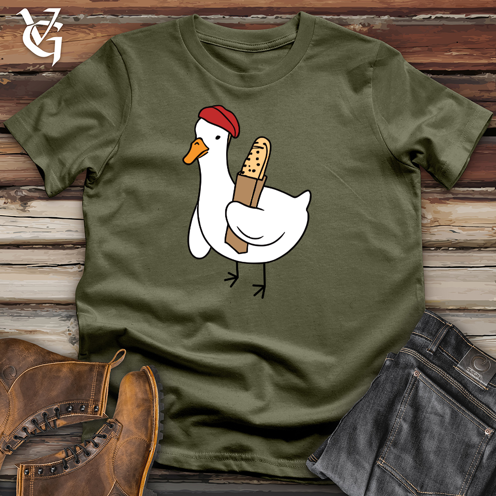Viking Goods A Red Hat Wearing Duck Holding a Baguette Cotton Tee Military Green / L