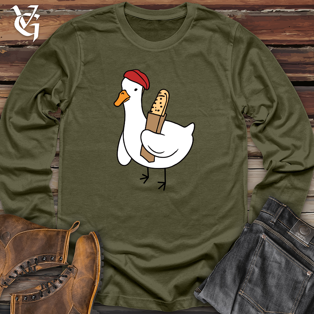 Viking Goods A Red Hat Wearing Duck Holding a Baguette Long Sleeve Military Green / L