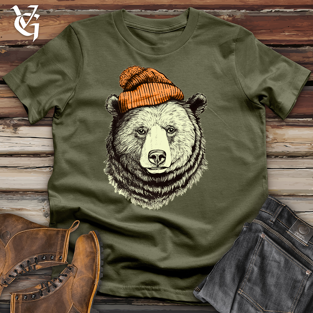 Viking Goods Bear Wearing Hunters Beanie Cotton Tee Military Green / L