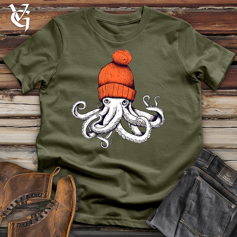 Viking Goods Octopus Orange Beanie Cotton Tee Military Green / L