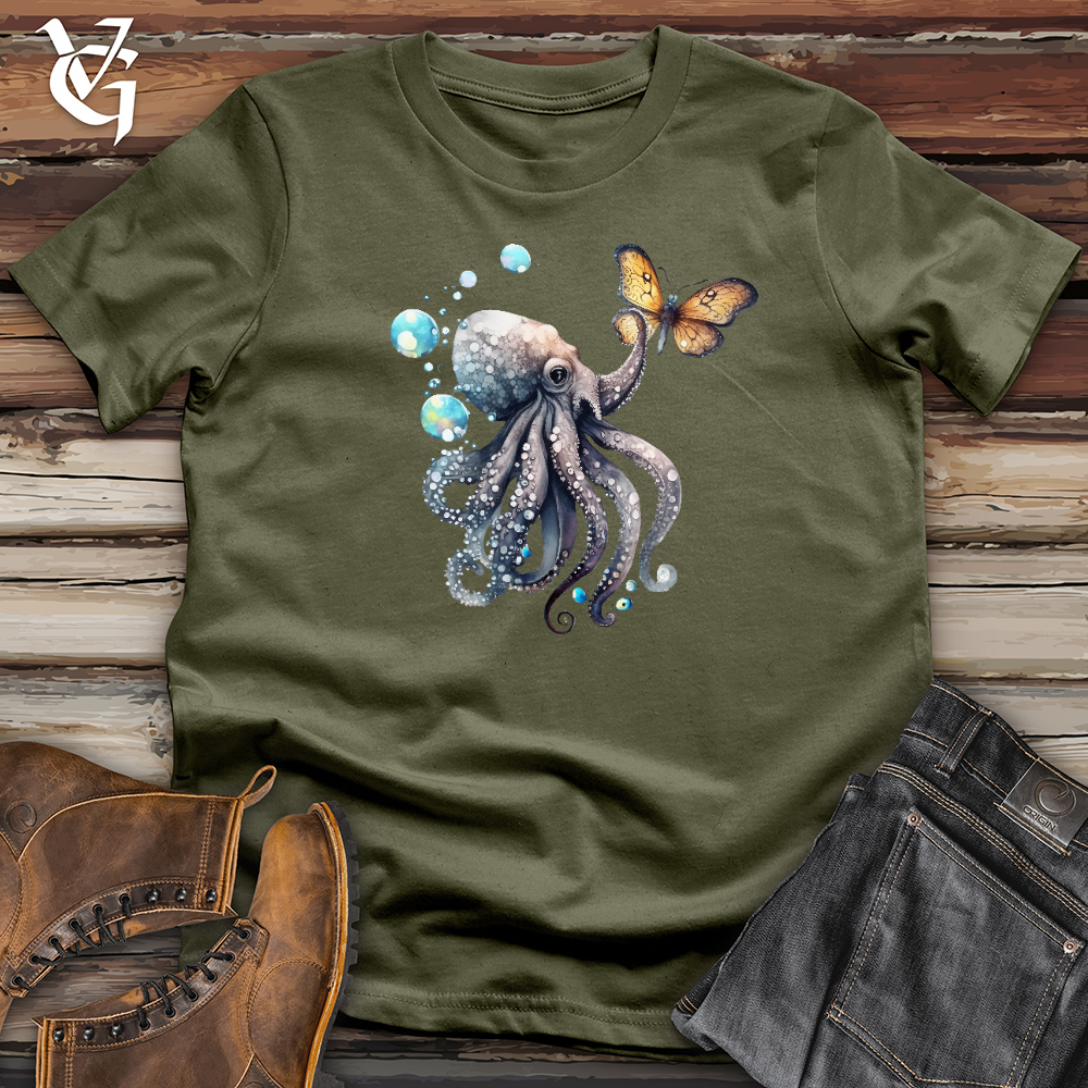 Viking Goods Octopus Playing With Butterfly 03 Cotton Tee Military Green / L