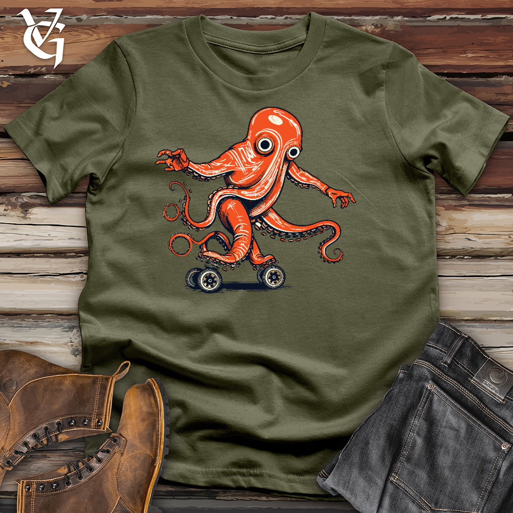 Viking Goods Octopus Riding On Roller Skate Cotton Tee Military Green / L