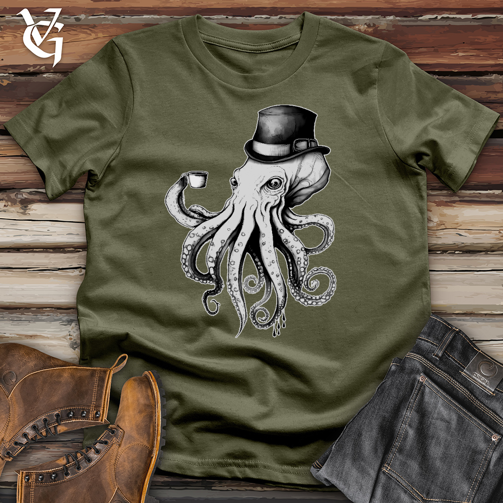 Viking Goods Octopus Wearing Hat Drinking Coffee Cotton Tee Military Green / L