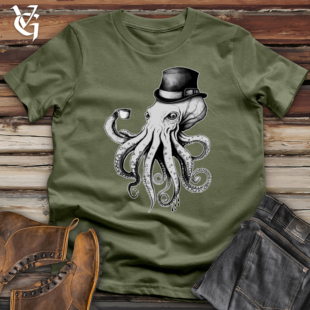 Viking Goods Octopus Wearing Hat Drinking Coffee Softstyle Tee Military Green / L