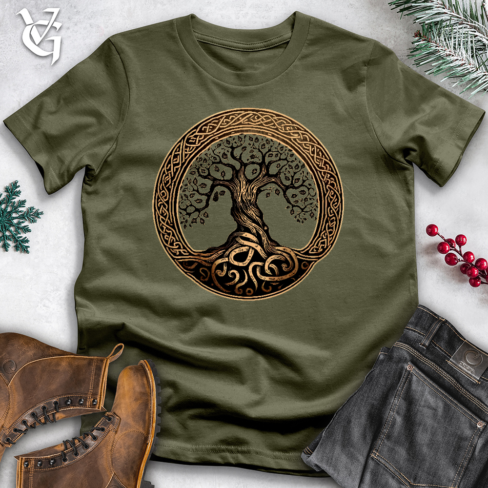 Viking Goods Ornate Golden Tree Of Life Cotton Tee Military Green / L