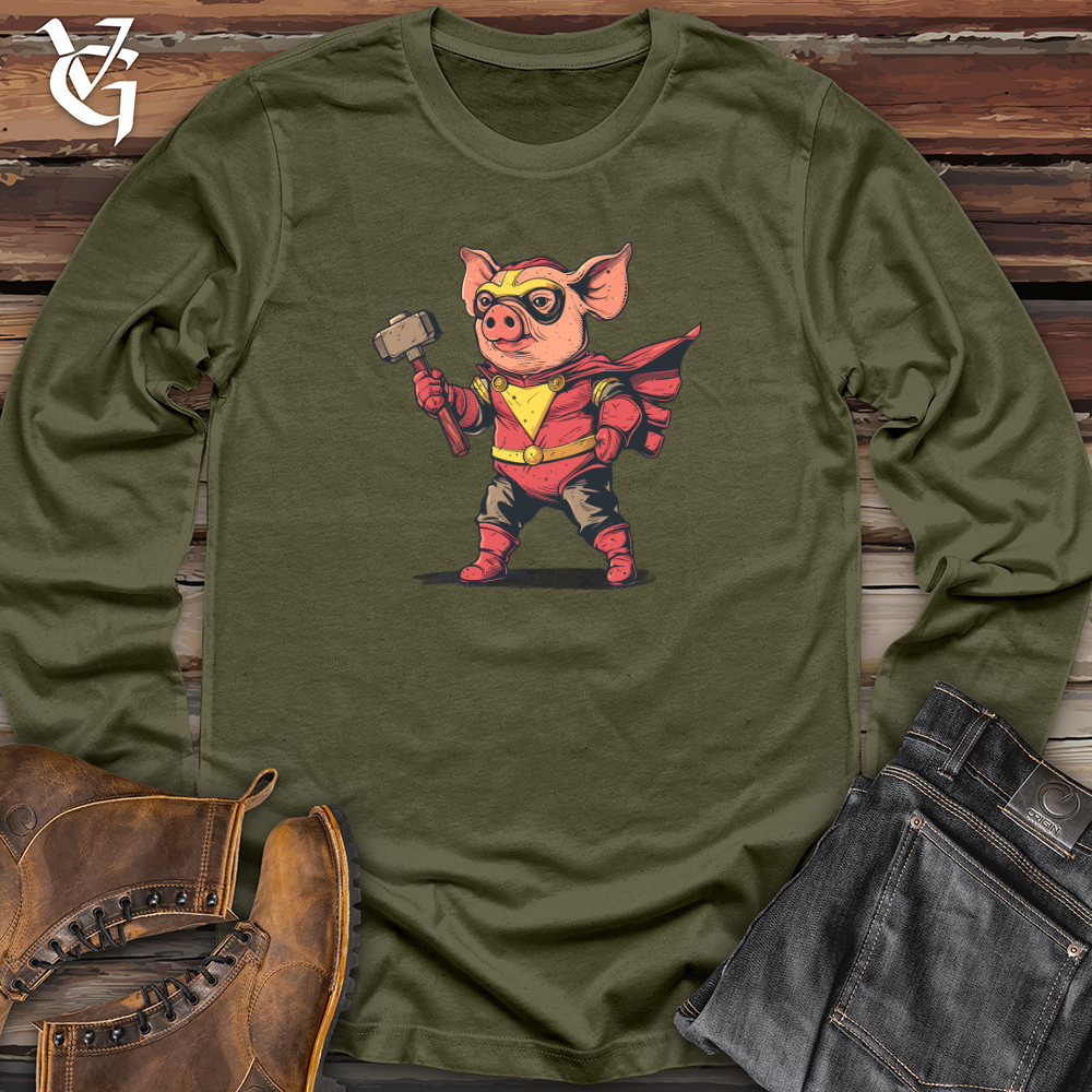 Viking Goods Pig Superhero Hammer Long Sleeve Military Green / L