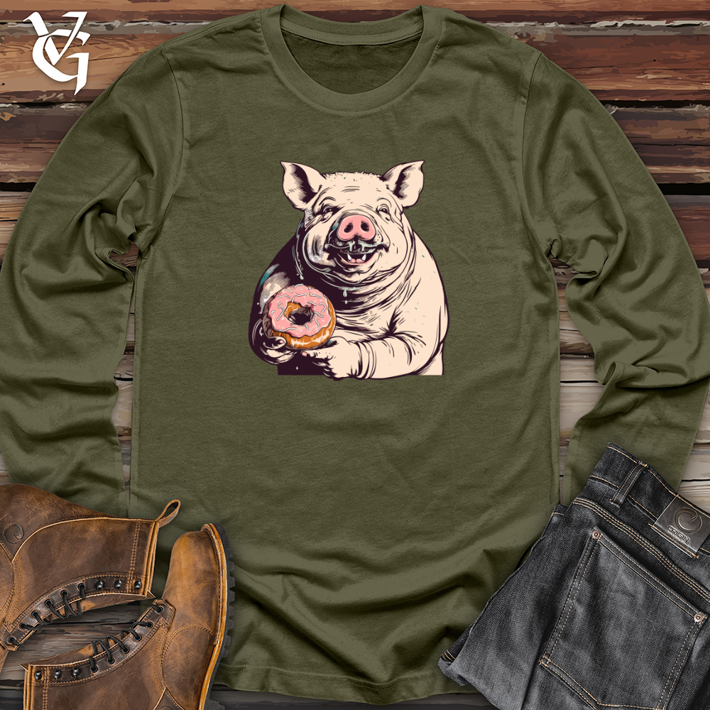 Viking Goods Retro Donut Devouring Pig Long Sleeve Military Green / L