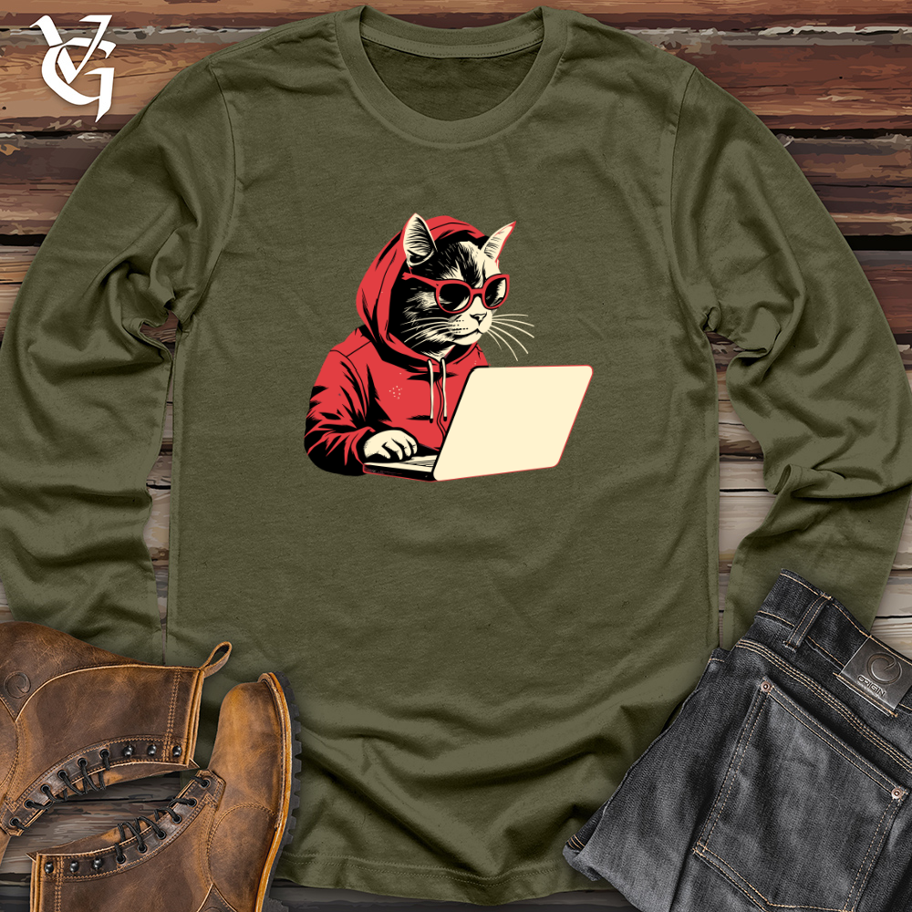 Viking Goods Retro Techy Cat Long Sleeve Military Green / L