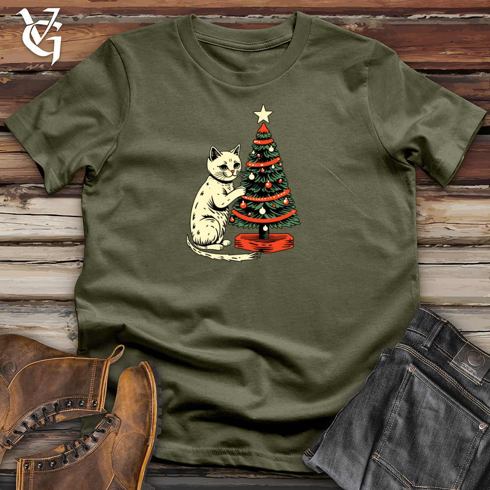 Viking Goods Retro Tree Trimming Cat Cotton Tee Military Green / L