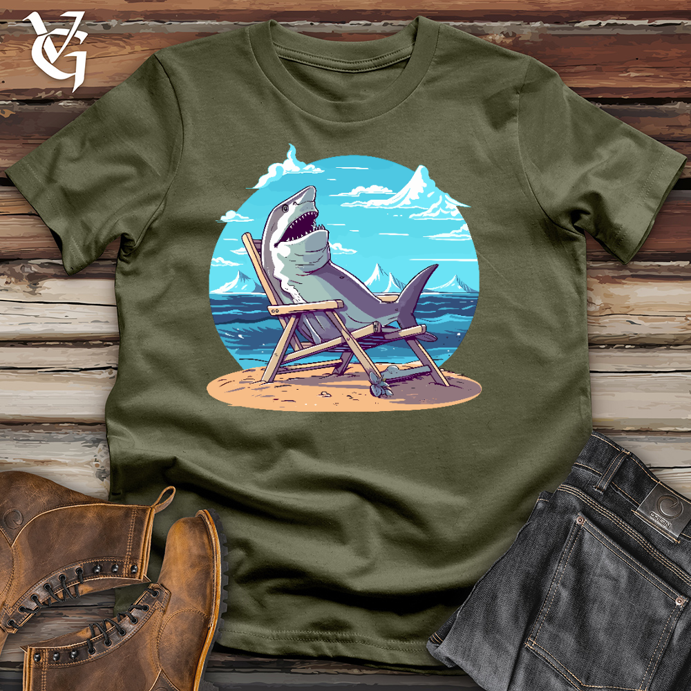 Viking Goods Shark Sitting in a Beach Chair in the Sand Cotton Tee Military Green / L