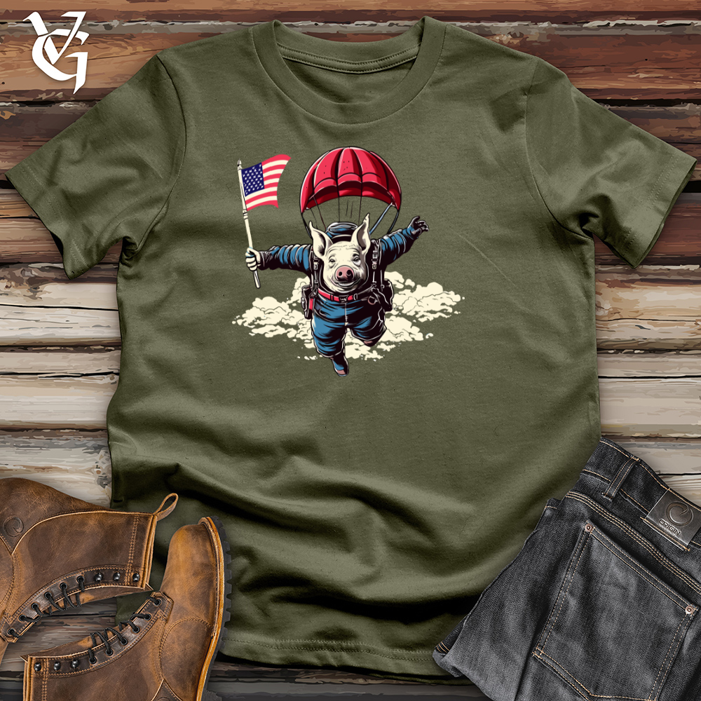 Viking Goods Skydiving Pig Parachute Adventure Cotton Tee Military Green / L