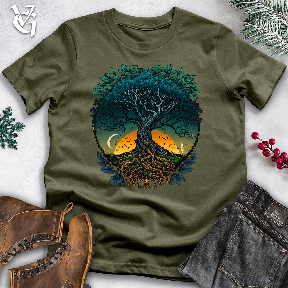 Viking Goods Sunset Yggdrasil Tree Cotton Tee Military Green / L