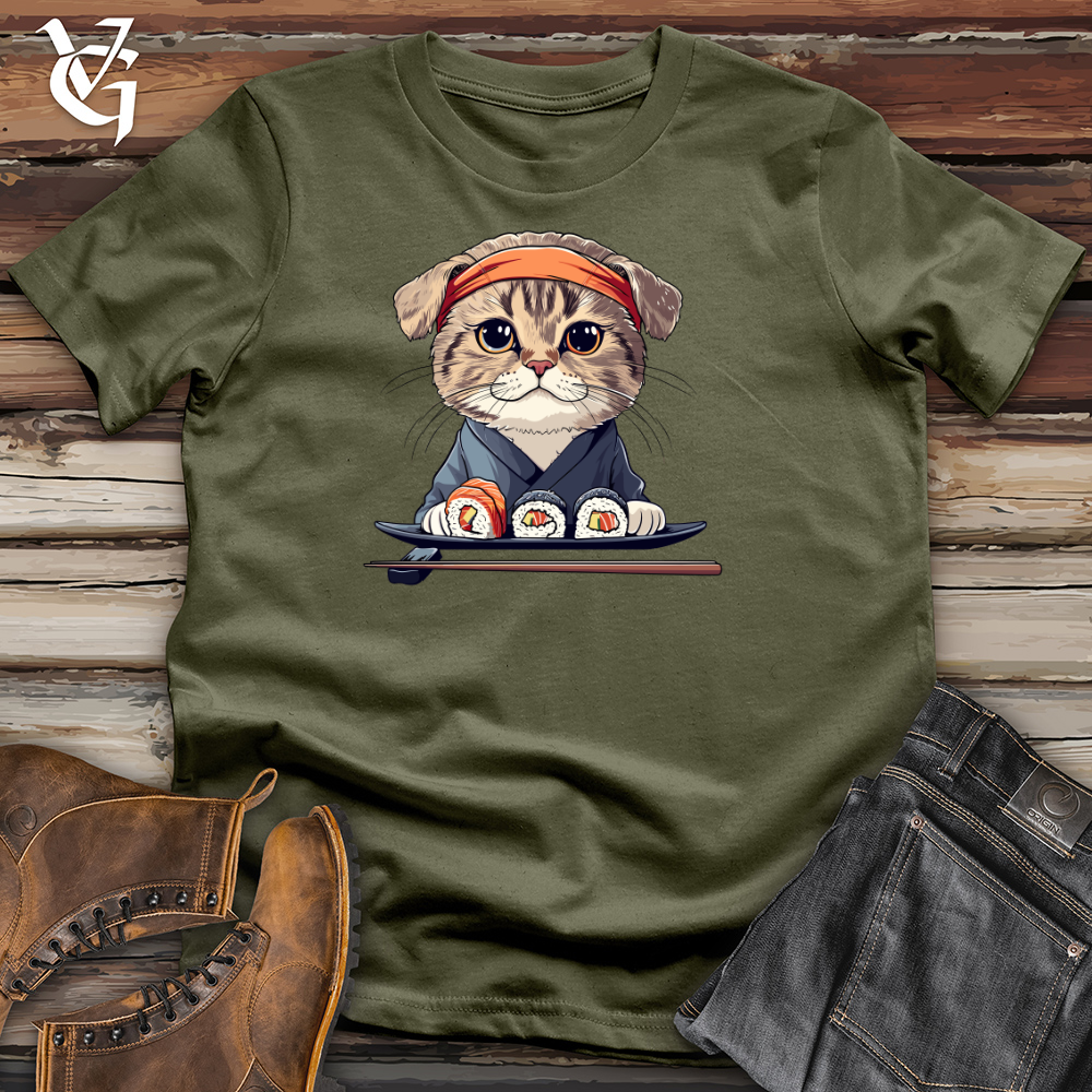 Viking Goods Sushi Master Cat Cotton Tee Military Green / L