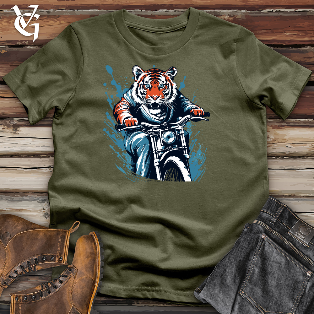 Viking Goods Tiger Riding On Motorbike Cotton Tee Military Green / L