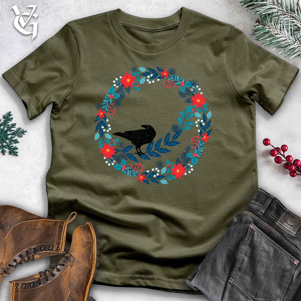 Viking Goods Winter Floral Raven Wreath Cotton Tee Military Green / L