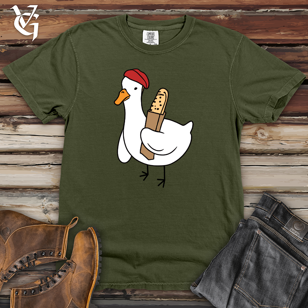 Viking Goods A Red Hat Wearing Duck Holding a Baguette Heavy Cotton Comfort Colors Tee Moss / L
