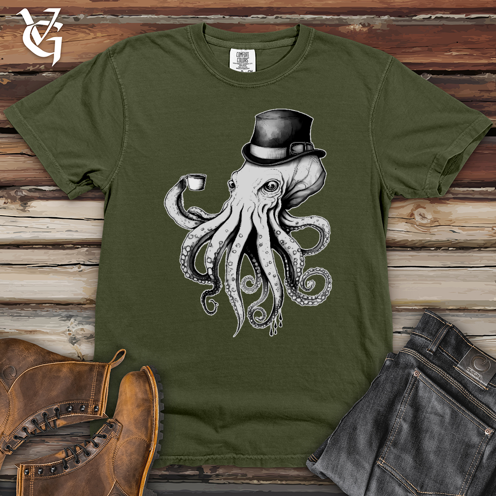Viking Goods Octopus Wearing Hat Drinking Coffee Heavy Cotton Comfort Colors Tee Moss / L
