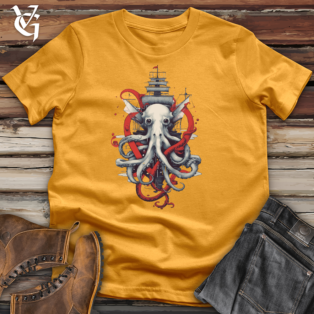 Viking Goods Kraken Pirate Ship Cotton Tee Mustard / L