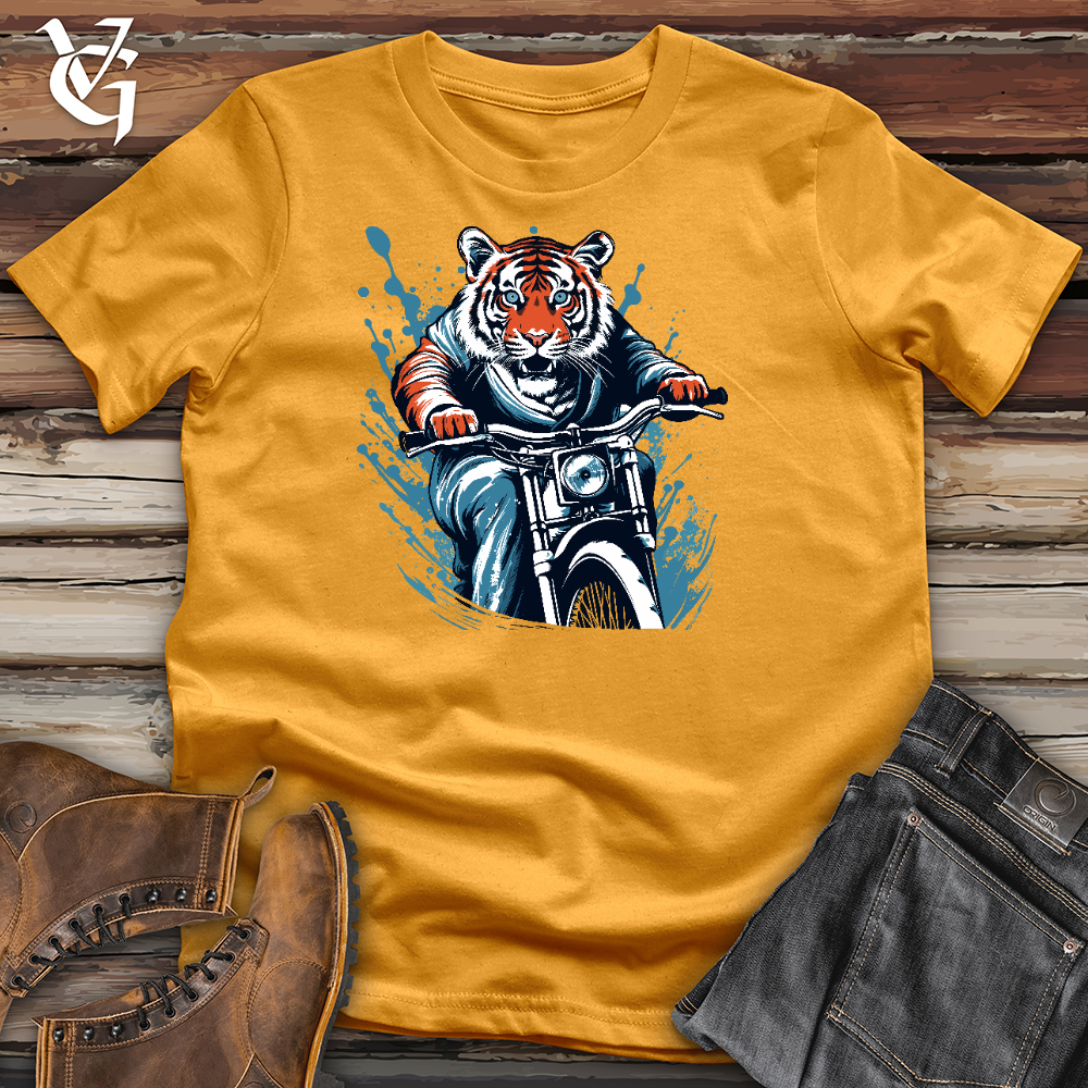Viking Goods Tiger Riding On Motorbike Cotton Tee Mustard / L