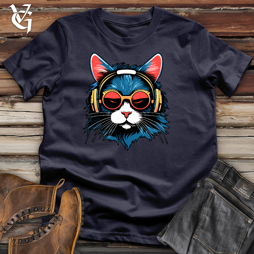 Viking Goods A Cat Wearing Sunglasses and Headphone Cotton Tee Navy / L