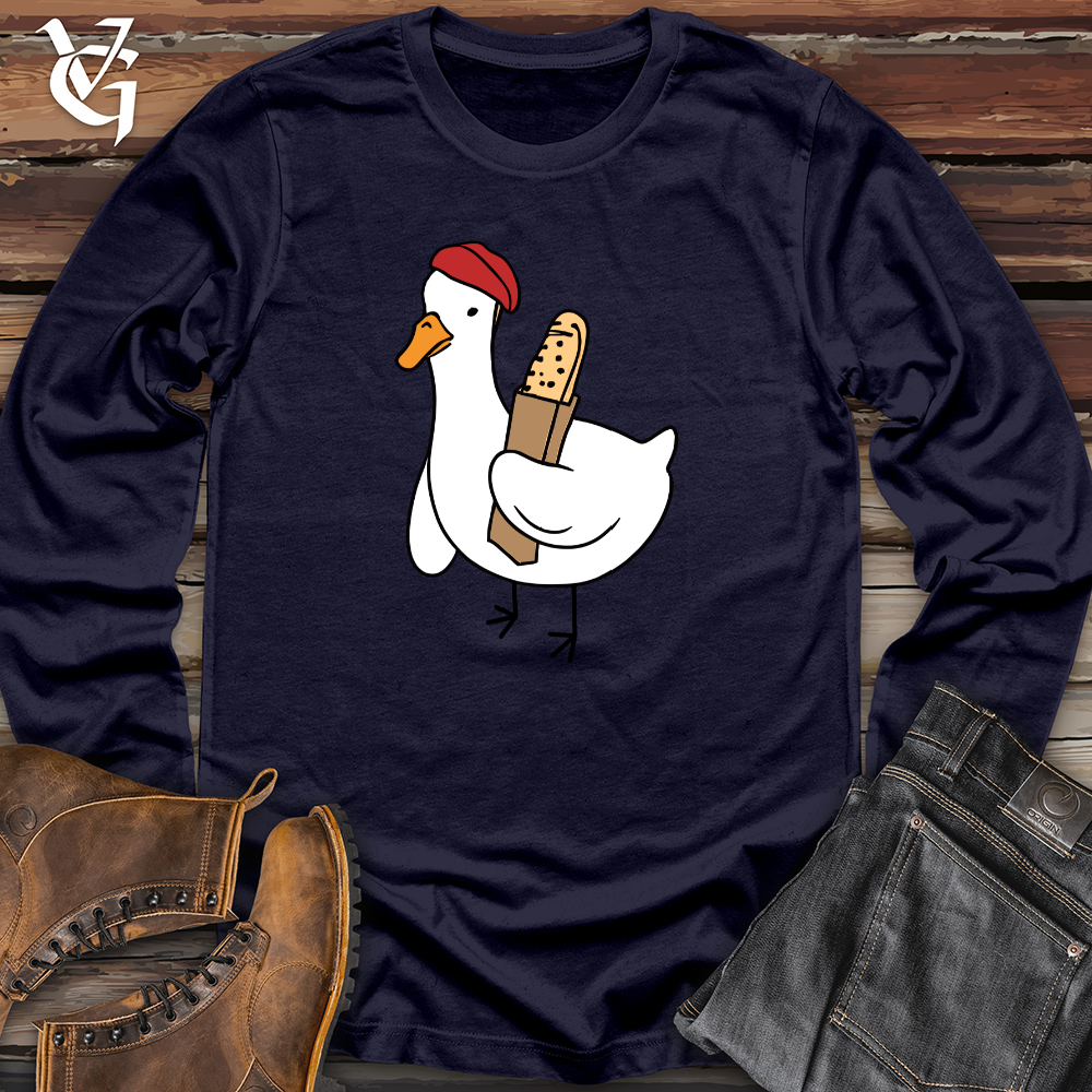 Viking Goods A Red Hat Wearing Duck Holding a Baguette Long Sleeve Navy / L