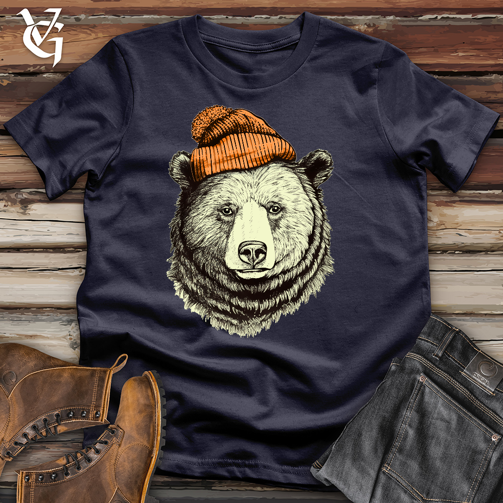 Viking Goods Bear Wearing Hunters Beanie Cotton Tee Navy / L
