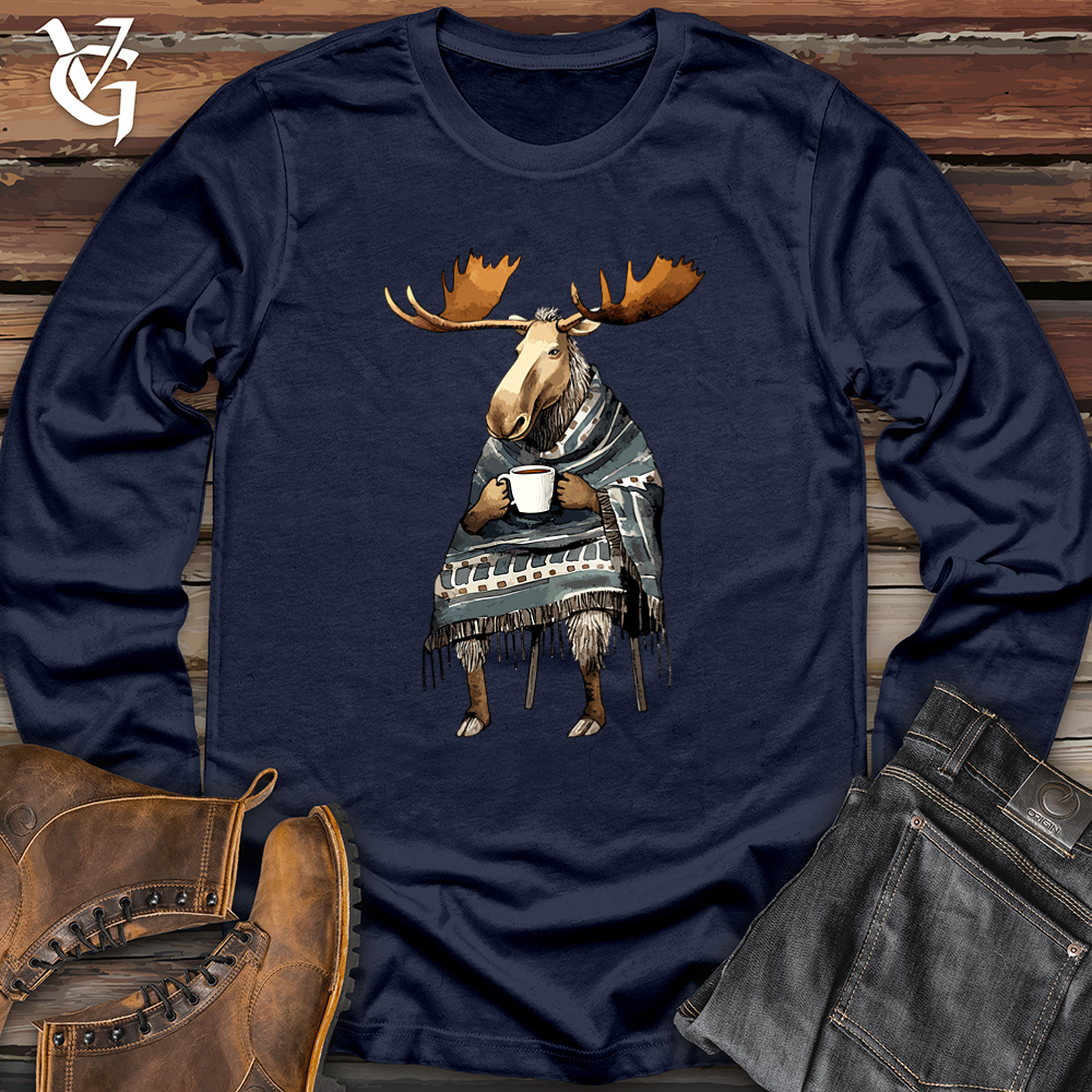 Viking Goods Coffee Drinking Moose Softstyle Long Sleeve Navy / L