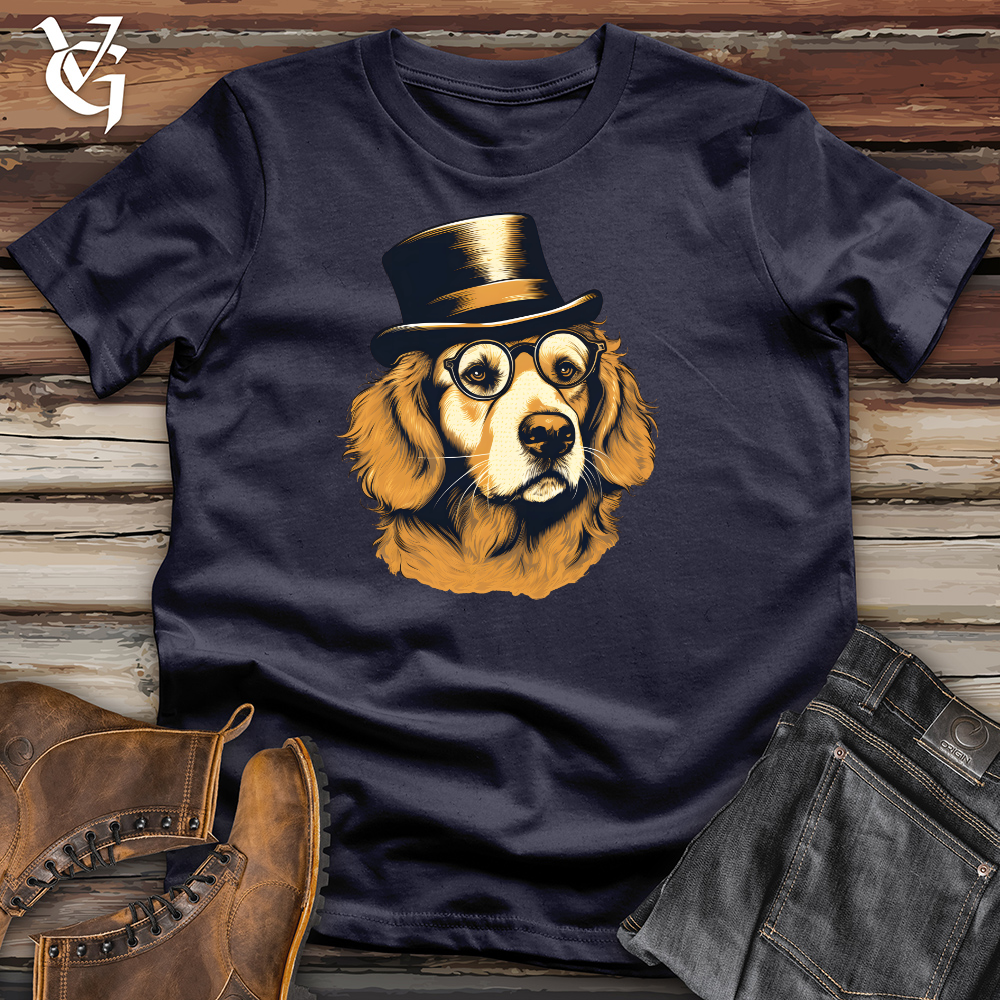 Viking Goods Monocled Top Hat Golden Retriever Cotton Tee Navy / L