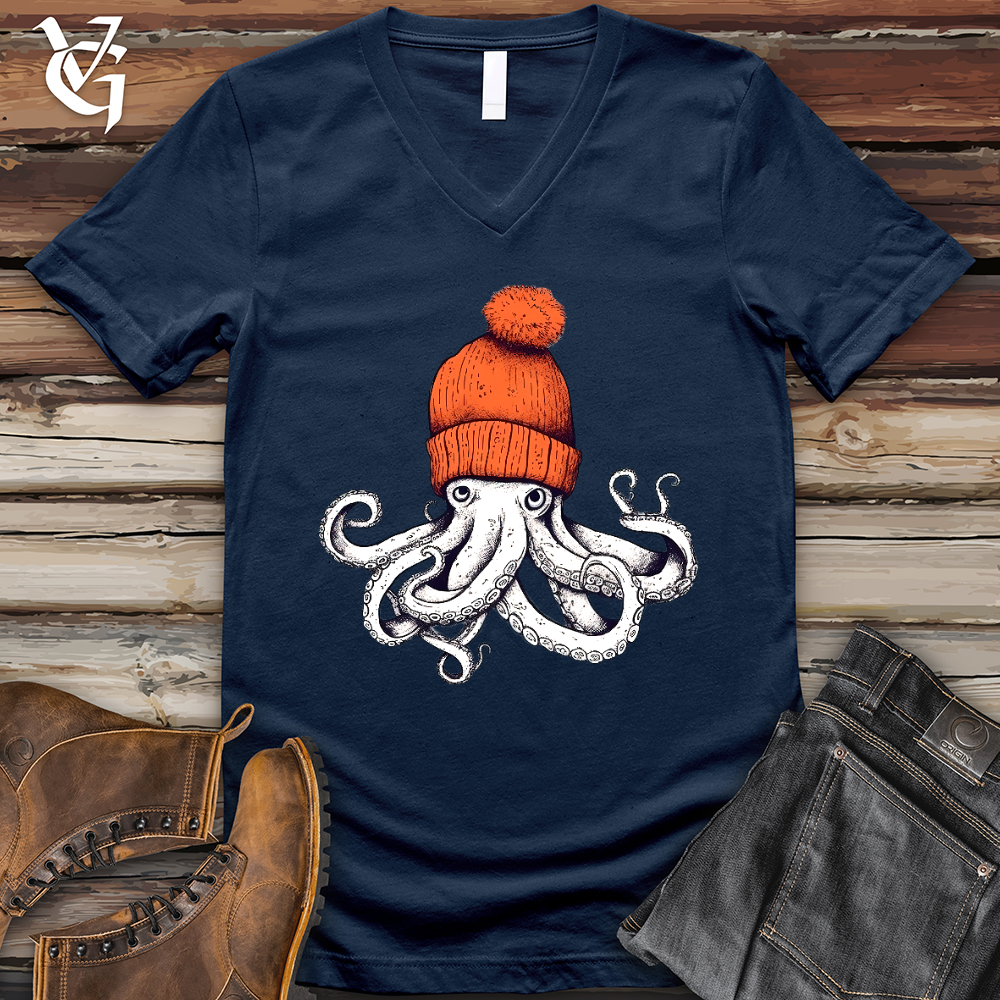 Viking Goods Octopus Orange Beanie V-Neck Tee Navy / L