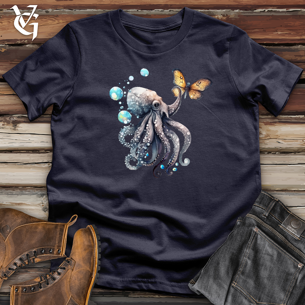 Viking Goods Octopus Playing With Butterfly 03 Cotton Tee Navy / L