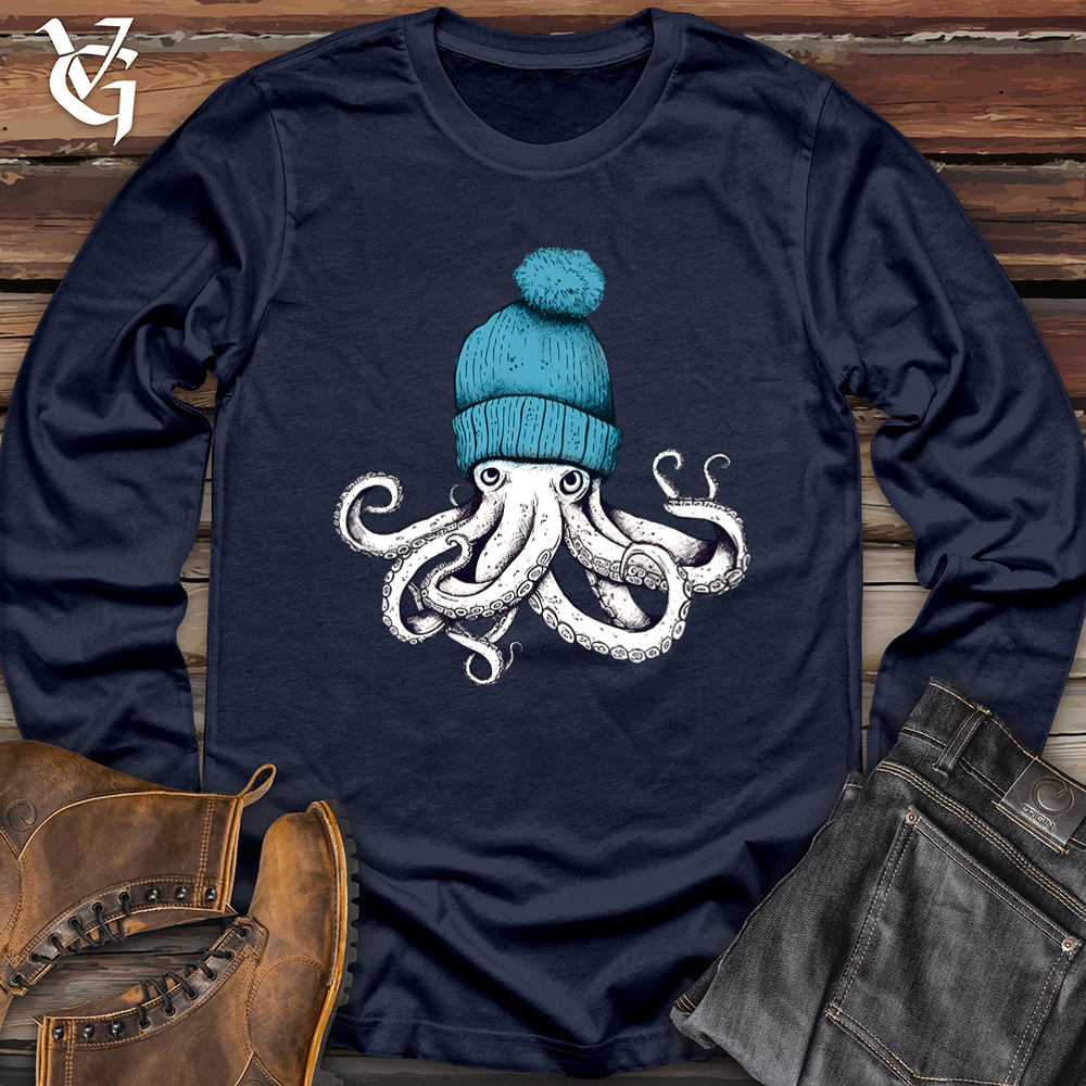 Viking Goods Octopus Wearing Beanie Softstyle Long Sleeve Navy / L