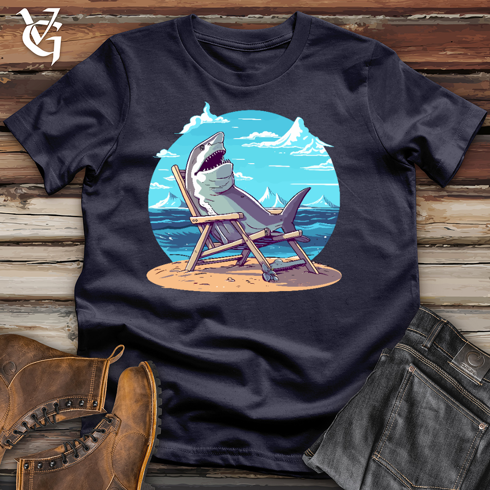 Viking Goods Shark Sitting in a Beach Chair in the Sand Cotton Tee Navy / L