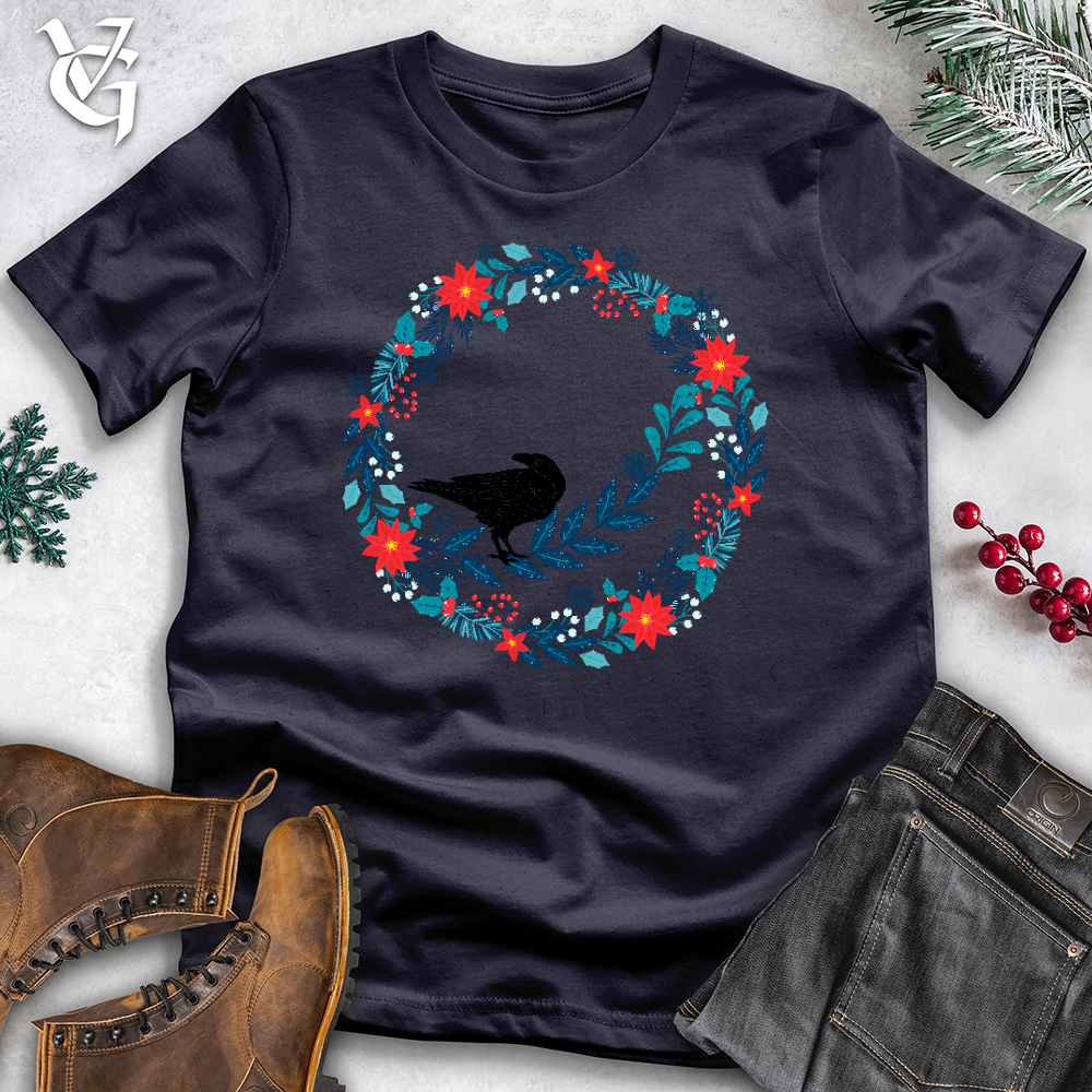 Viking Goods Winter Floral Raven Wreath Cotton Tee Navy / L