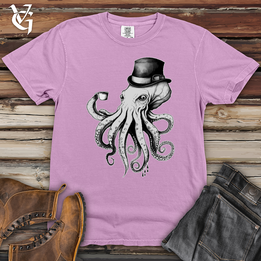 Viking Goods Octopus Wearing Hat Drinking Coffee Heavy Cotton Comfort Colors Tee Orchid / L