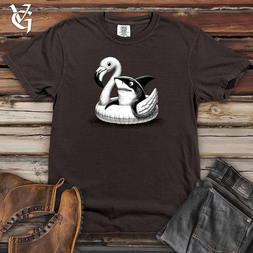 Viking Goods A Shark laying on top of a Flamingo Heavy Cotton Comfort Colors Tee Pepper / L